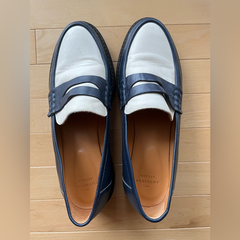 Sezane Two-Tone Navy and White Leather Loafers